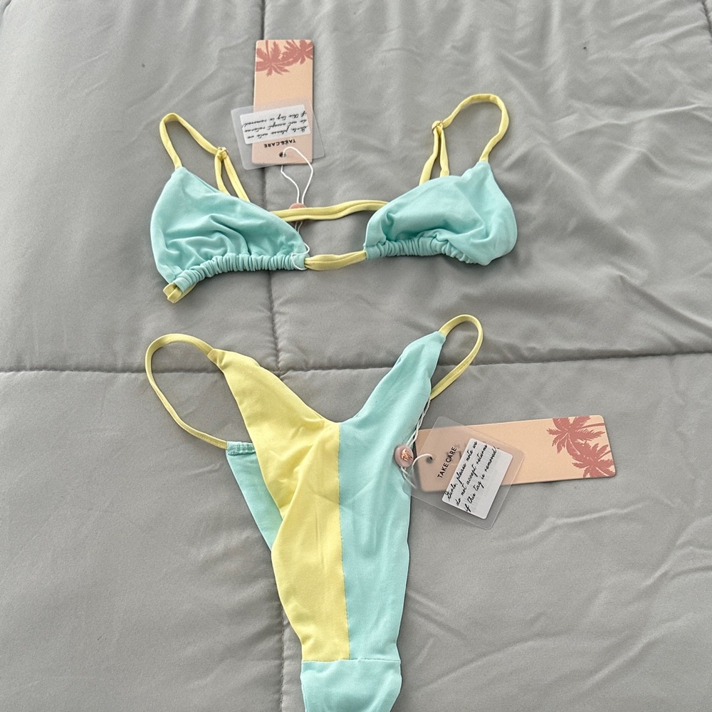 Oh Polly Mint and Yellow thong Bikini